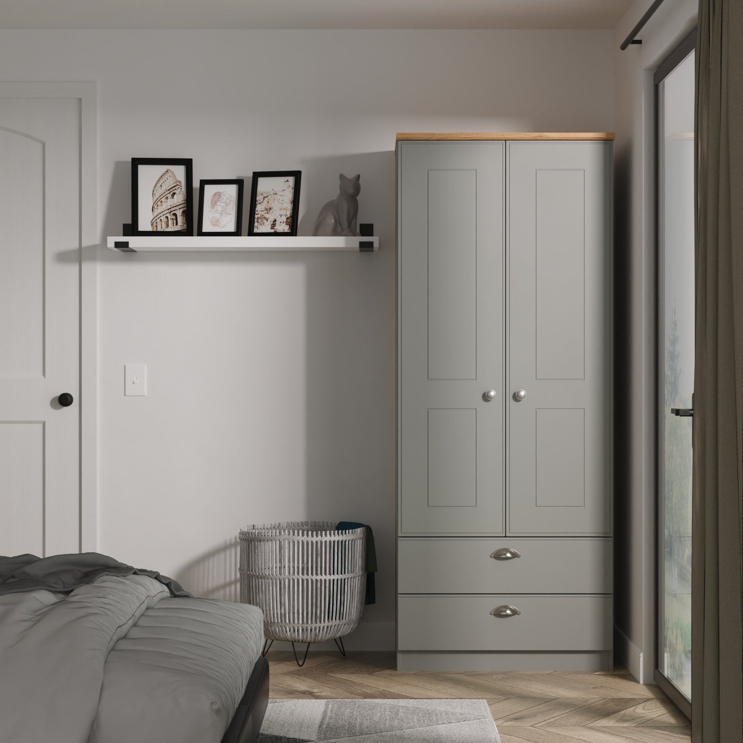 Victoria Tall Wardrobe Grey & Light Oak 2 Doors 2 Drawers 74cm