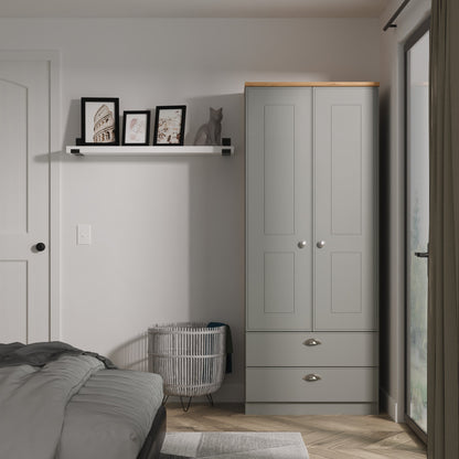 Victoria Tall Wardrobe Grey & Light Oak 2 Doors 2 Drawers 74cm