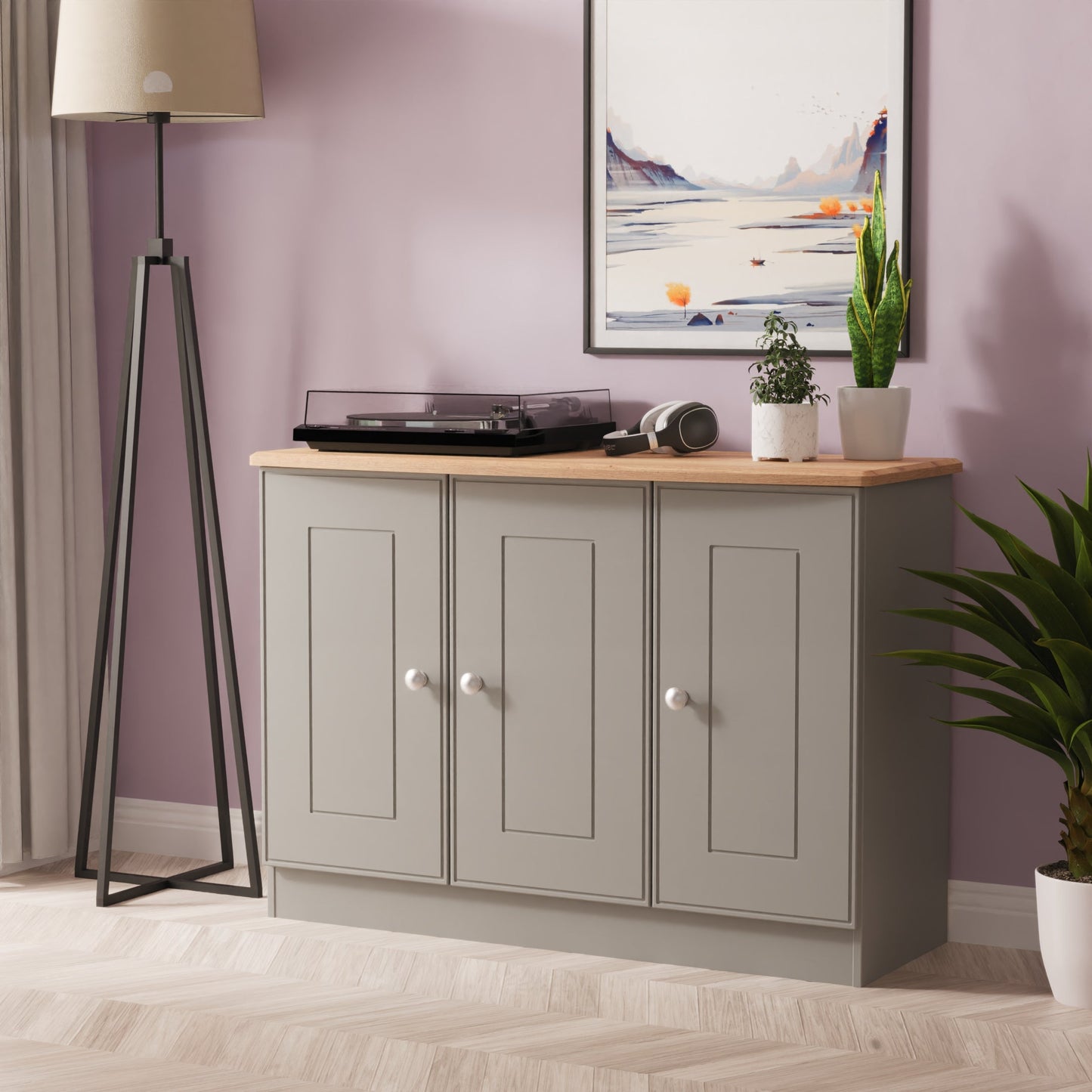 Victoria Large Sideboard Cream & Light Oak 3 Doors 112cm