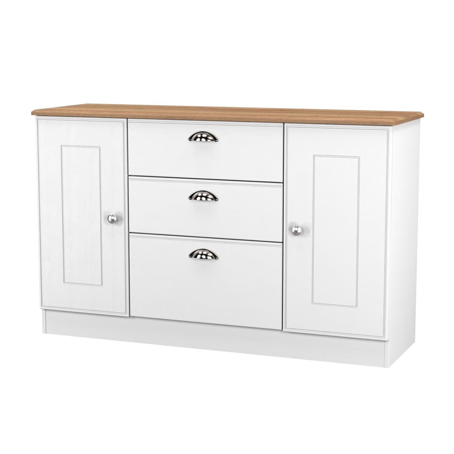 Victoria Large Sideboard White & Light Oak 2 Doors 3 Drawers 128cm