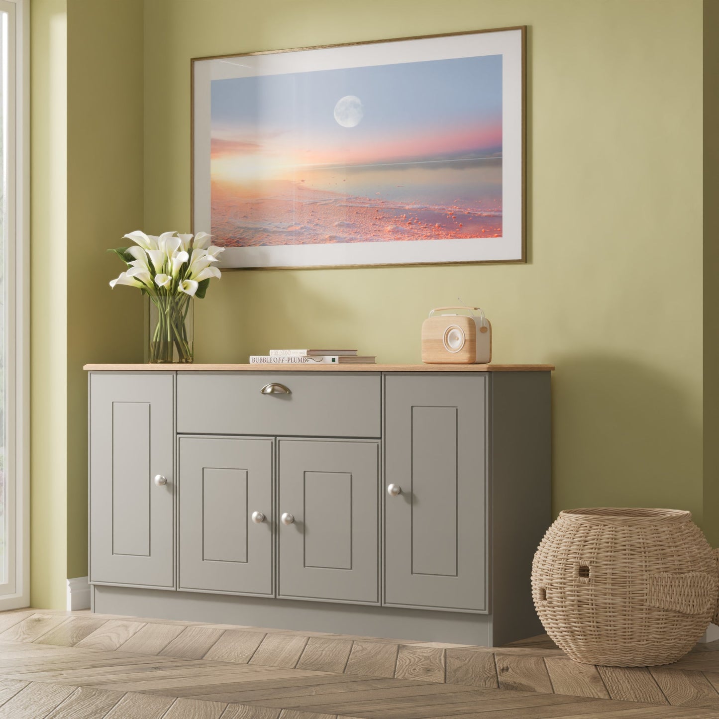 Victoria Large Sideboard Grey & Light Oak 4 Doors 1 Drawer 146cm