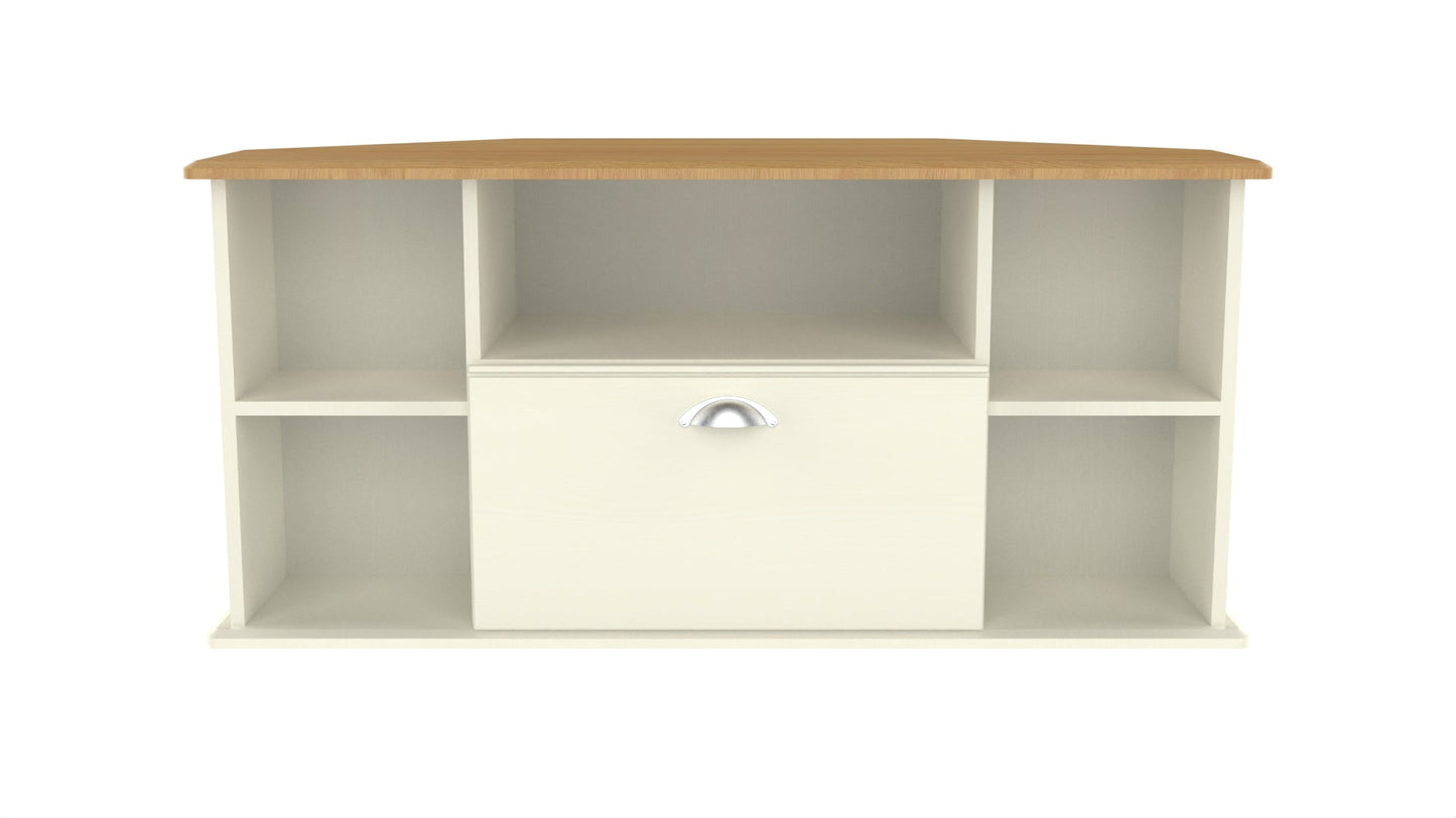 Victoria Corner Corner TV Unit Cream & Light Oak 5 Shelves 1 Drawer 112cm