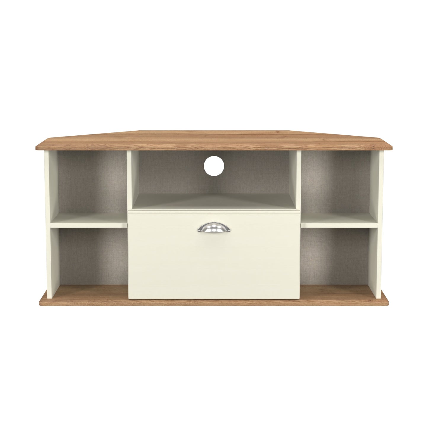 Victoria Corner Corner TV Unit Cream & Light Oak 5 Shelves 1 Drawer 112cm