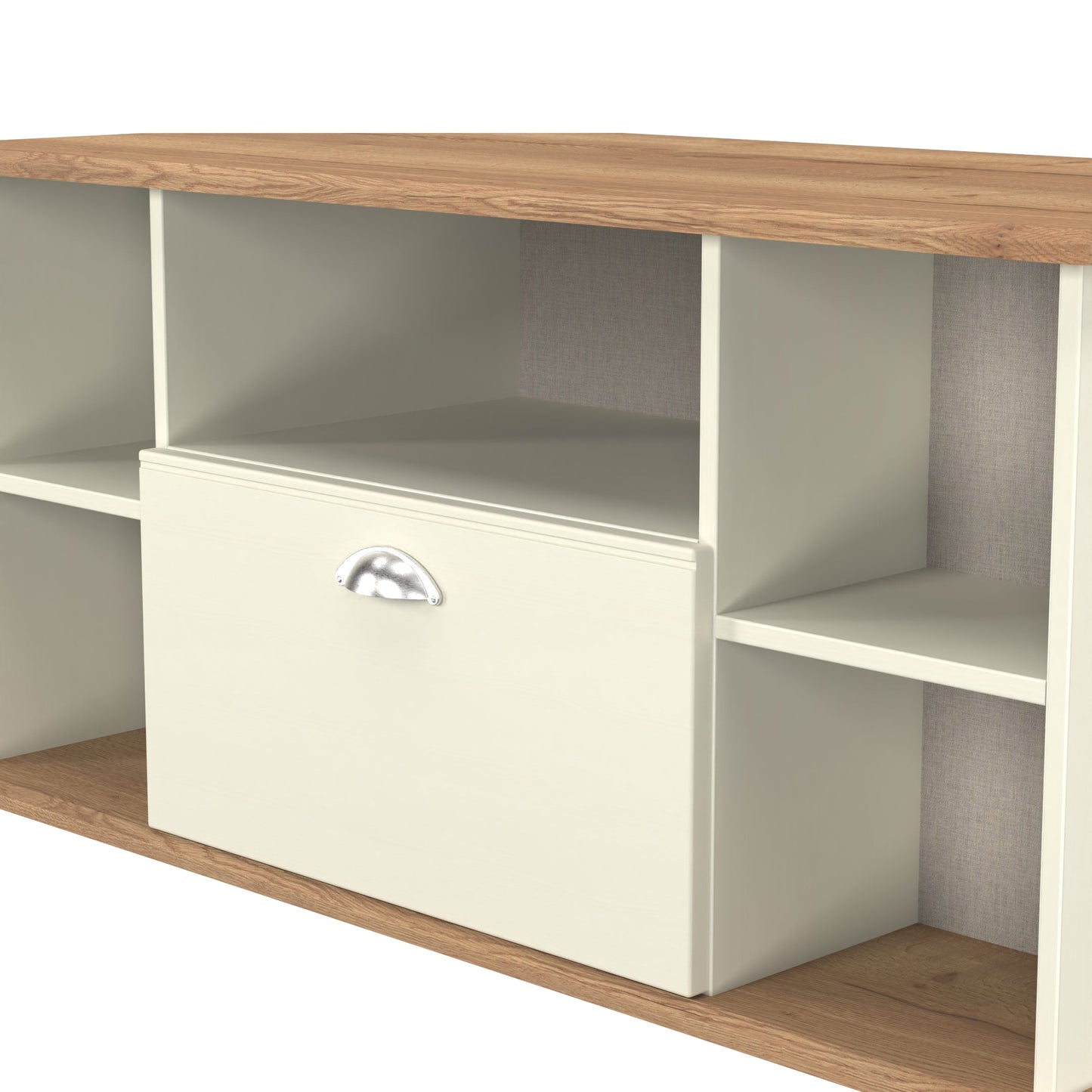Victoria Corner Corner TV Unit Cream & Light Oak 5 Shelves 1 Drawer 112cm