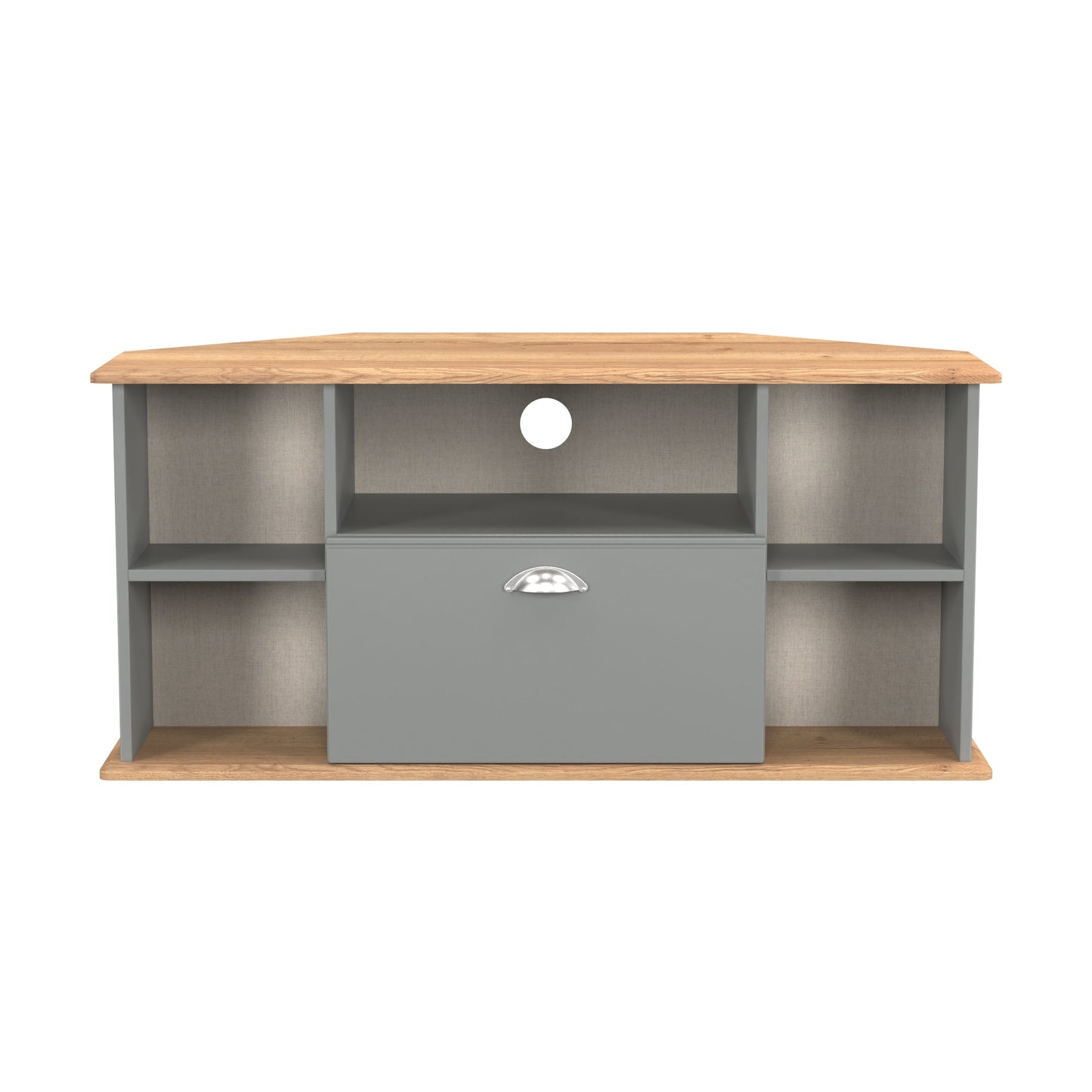 Victoria Corner Corner TV Unit Grey & Light Oak 5 Shelves 1 Drawer 112cm