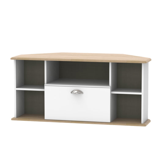 Victoria Corner Corner TV Unit White & Light Oak 5 Shelves 1 Drawer 112cm