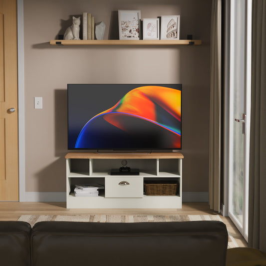Victoria TV Unit Cream & Light Oak 5 Shelves 1 Drawer 112cm