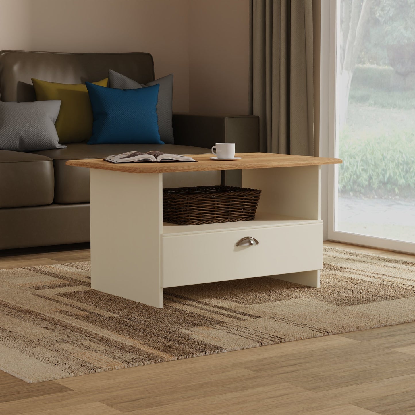 Victoria Coffee Table Cream & Light Oak 1 Shelf 1 Drawer 93cm