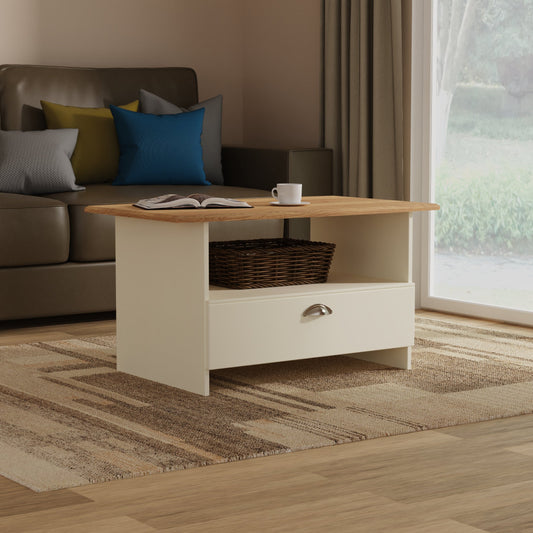 Victoria Coffee Table Cream & Light Oak 1 Shelf 1 Drawer 93cm