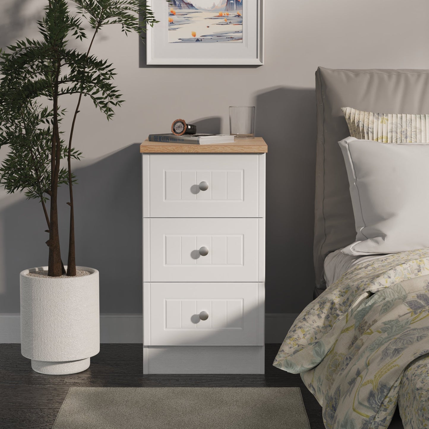 Vienna Bedside Table White & Light Oak 3 Drawers 37cm