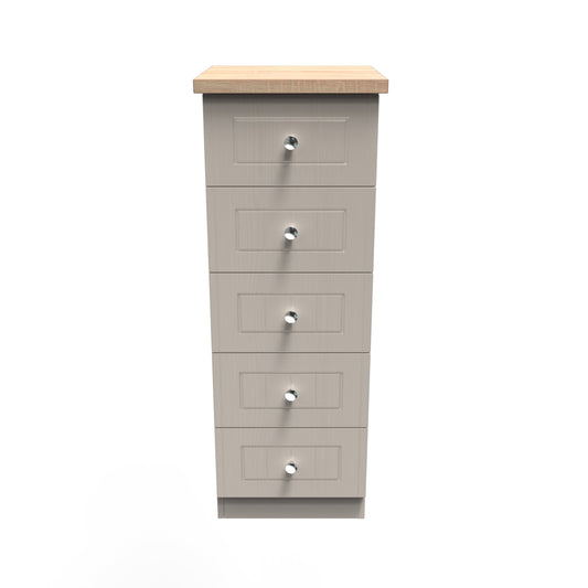 Vienna Tall Tallboy Off-white & Light Oak 5 Drawers 37cm
