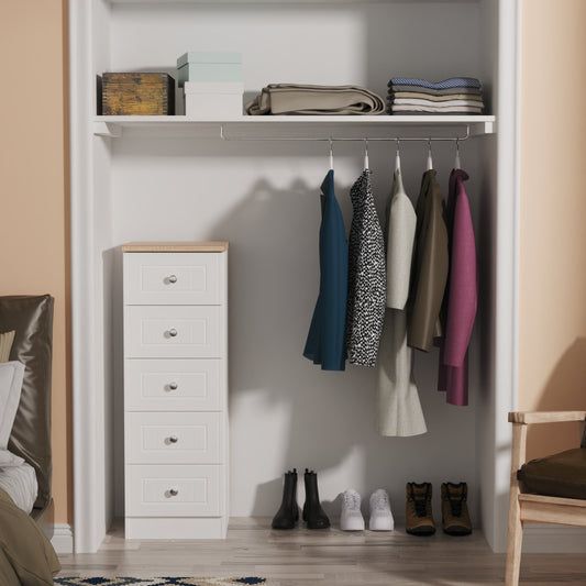 Vienna Tall Tallboy White & Light Oak 5 Drawers 37cm