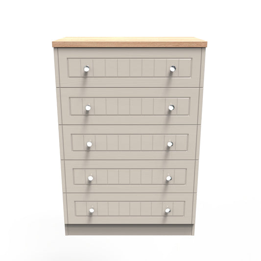 Vienna Tall Chest of Drawers Off-white & Light Oak 5 Drawers 74cm