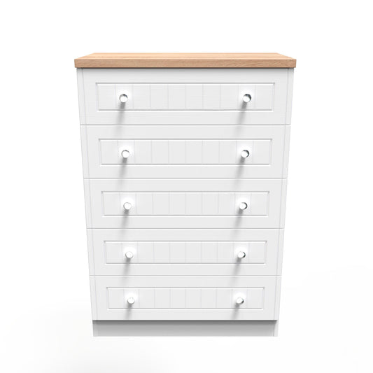 Vienna Tall Chest of Drawers White & Light Oak 5 Drawers 74cm