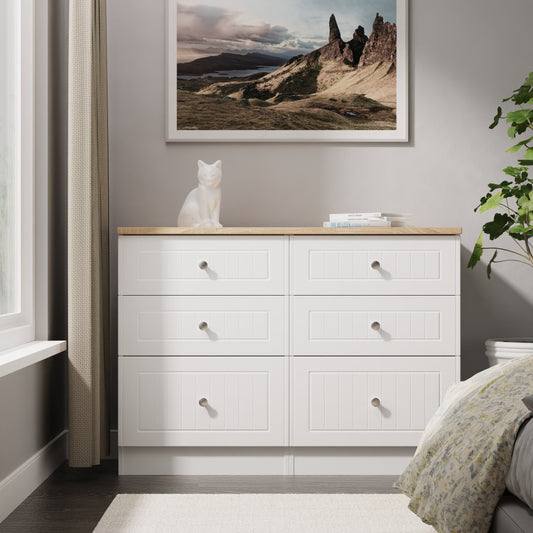 Vienna Large Chest of Drawers White & Light Oak 6 Drawers 110cm