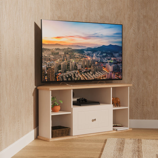 Vienna Corner Corner TV Unit Off-white & Light Oak 5 Shelves 1 Drawer 110cm