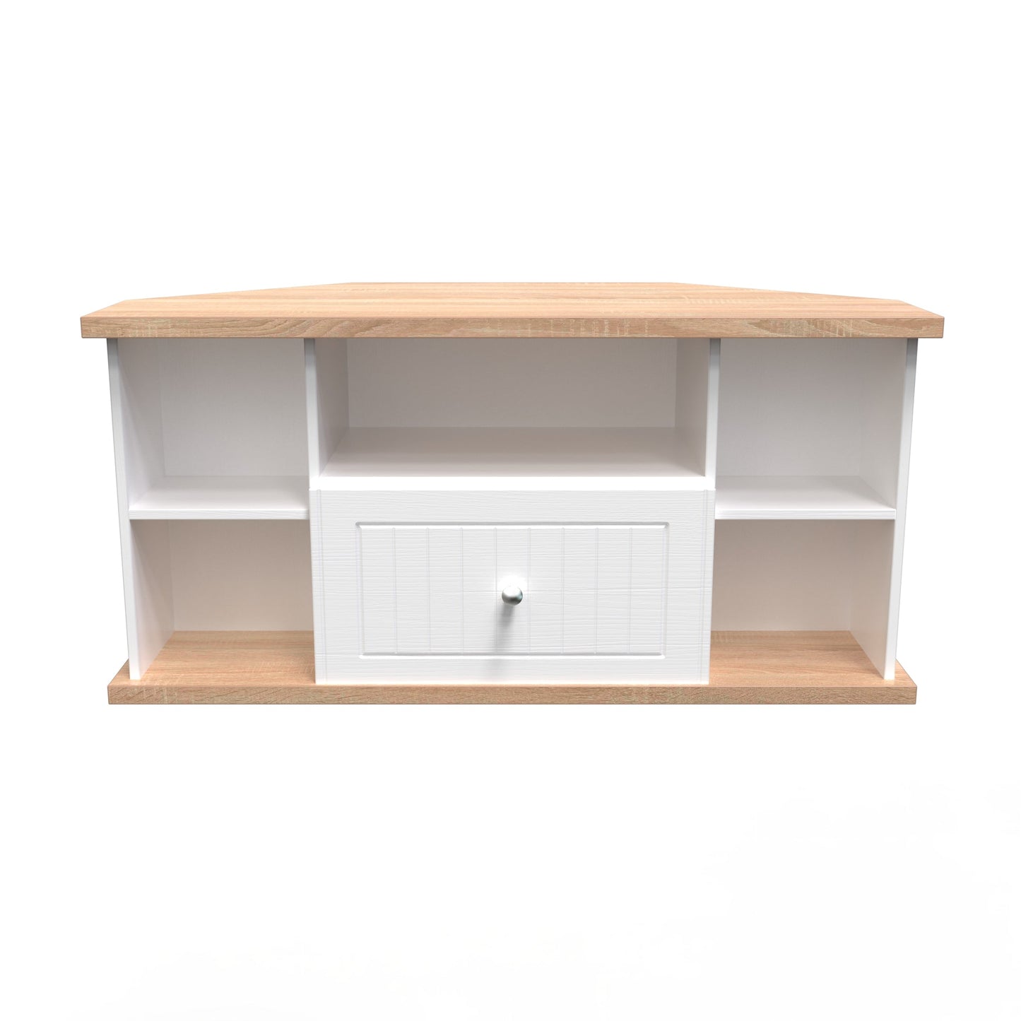 Vienna Corner Corner TV Unit White & Light Oak 5 Shelves 1 Drawer 110cm