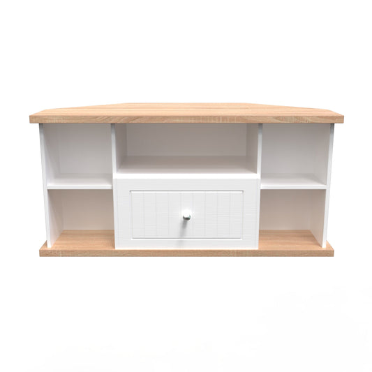 Vienna Corner Corner TV Unit White & Light Oak 5 Shelves 1 Drawer 110cm