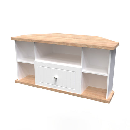 Vienna Corner Corner TV Unit White & Light Oak 5 Shelves 1 Drawer 110cm