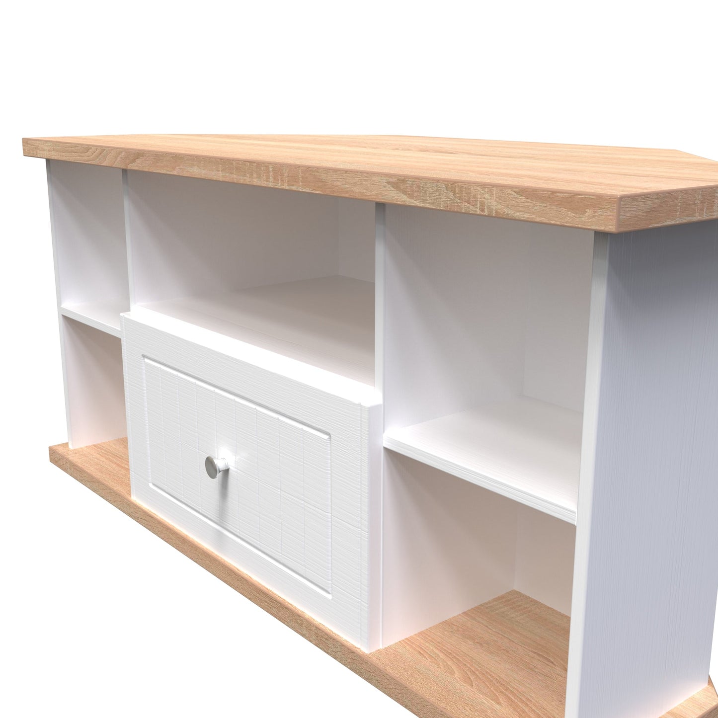 Vienna Corner Corner TV Unit White & Light Oak 5 Shelves 1 Drawer 110cm