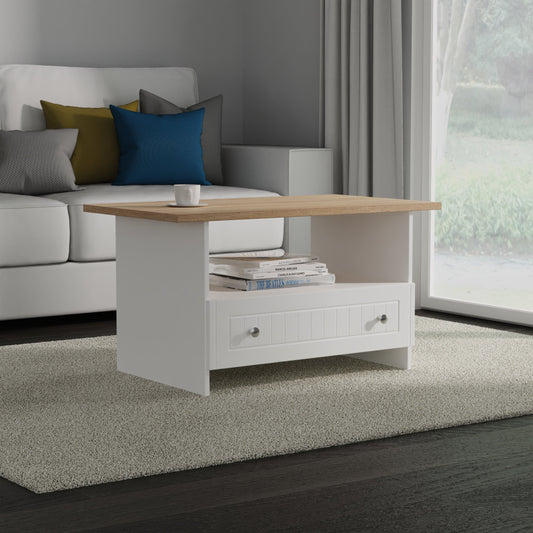 Vienna Coffee Table White & Light Oak 1 Shelf 1 Drawer 93cm