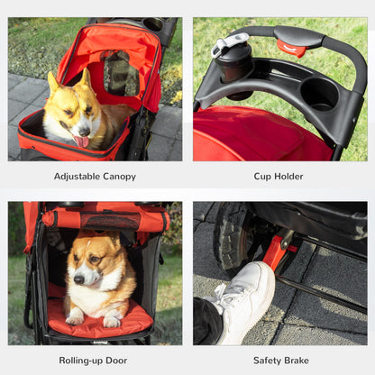 Pawhut Oxford Cloth Folding 3-Wheel Pet Stroller Dog Trolley Red/Black