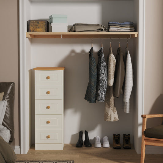 Warwick Tall Tallboy Cream & Oak 5 Drawers 40cm
