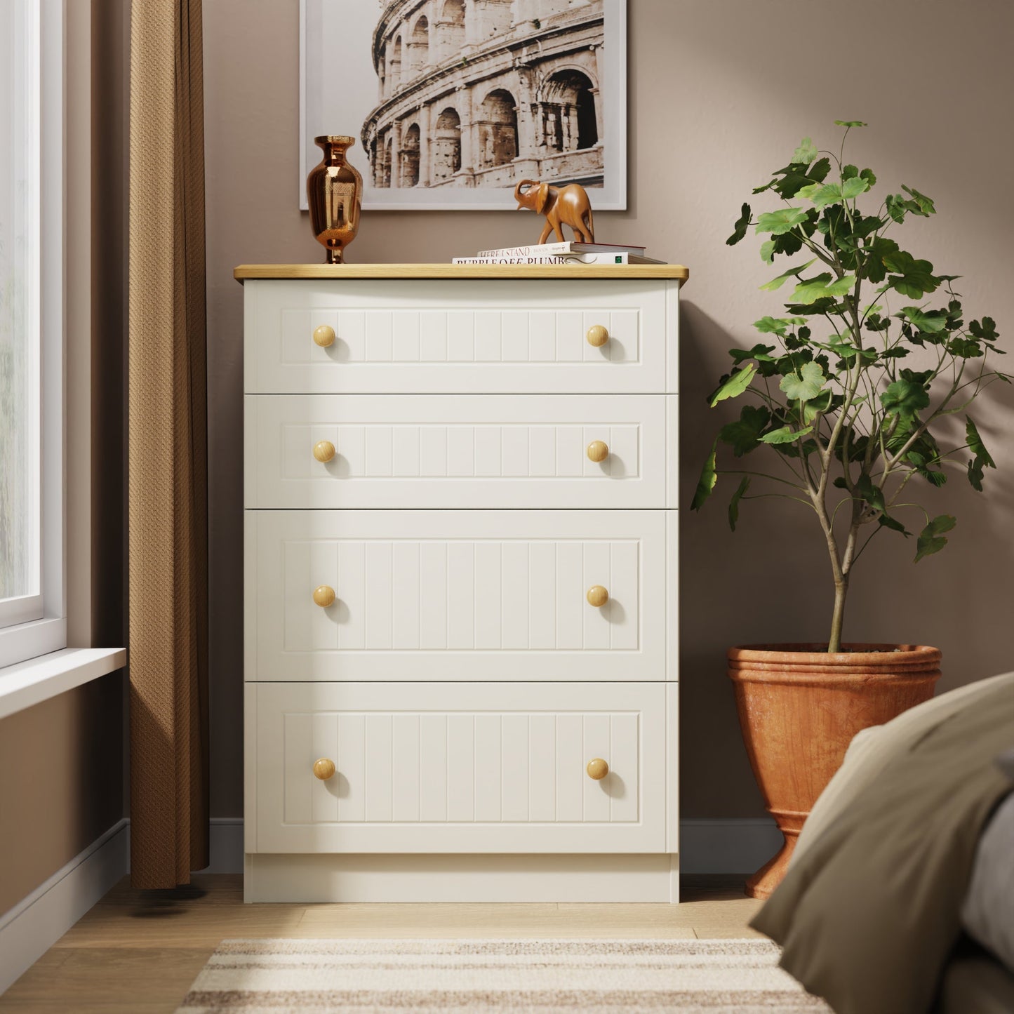 Warwick Tall Chest of Drawers Cream & Oak 4 Drawers 77cm