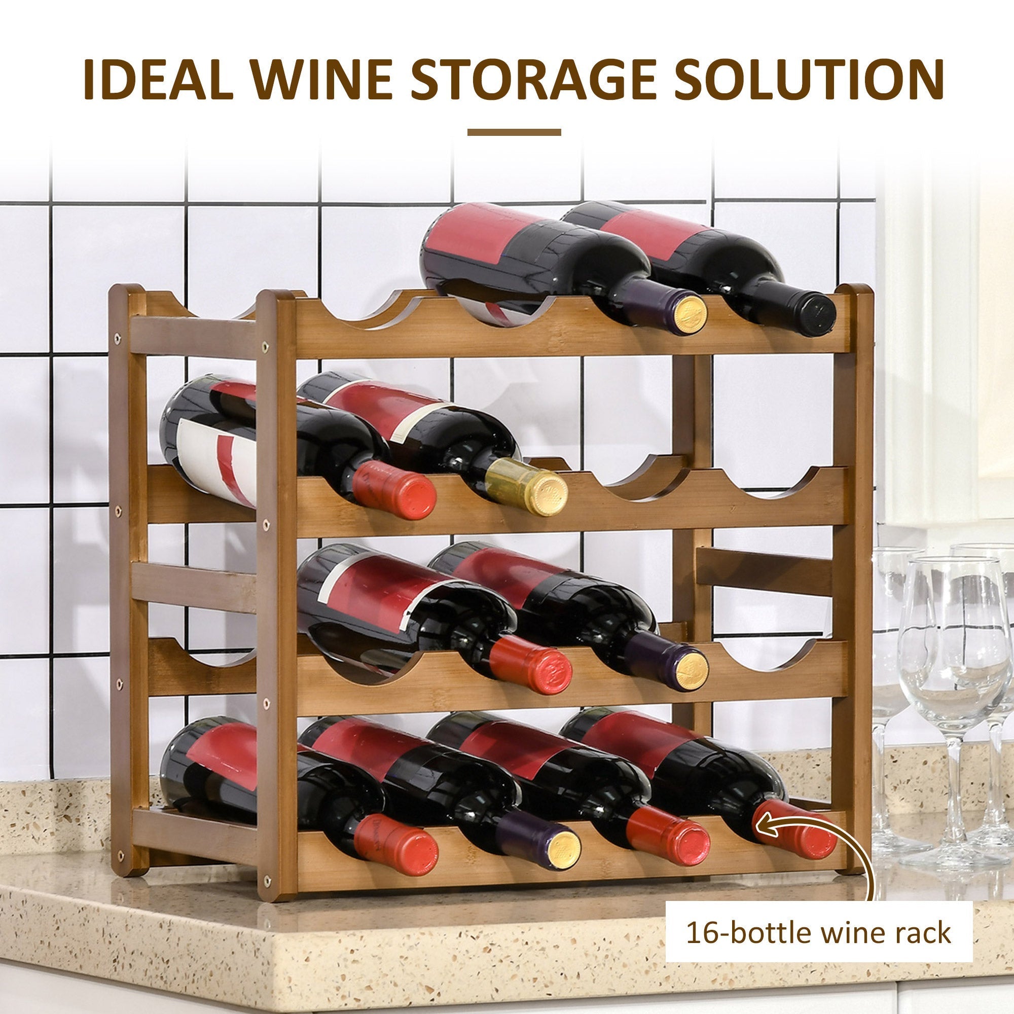 Free Standing Bamboo Wine Rack with 16 Bottles Holder only