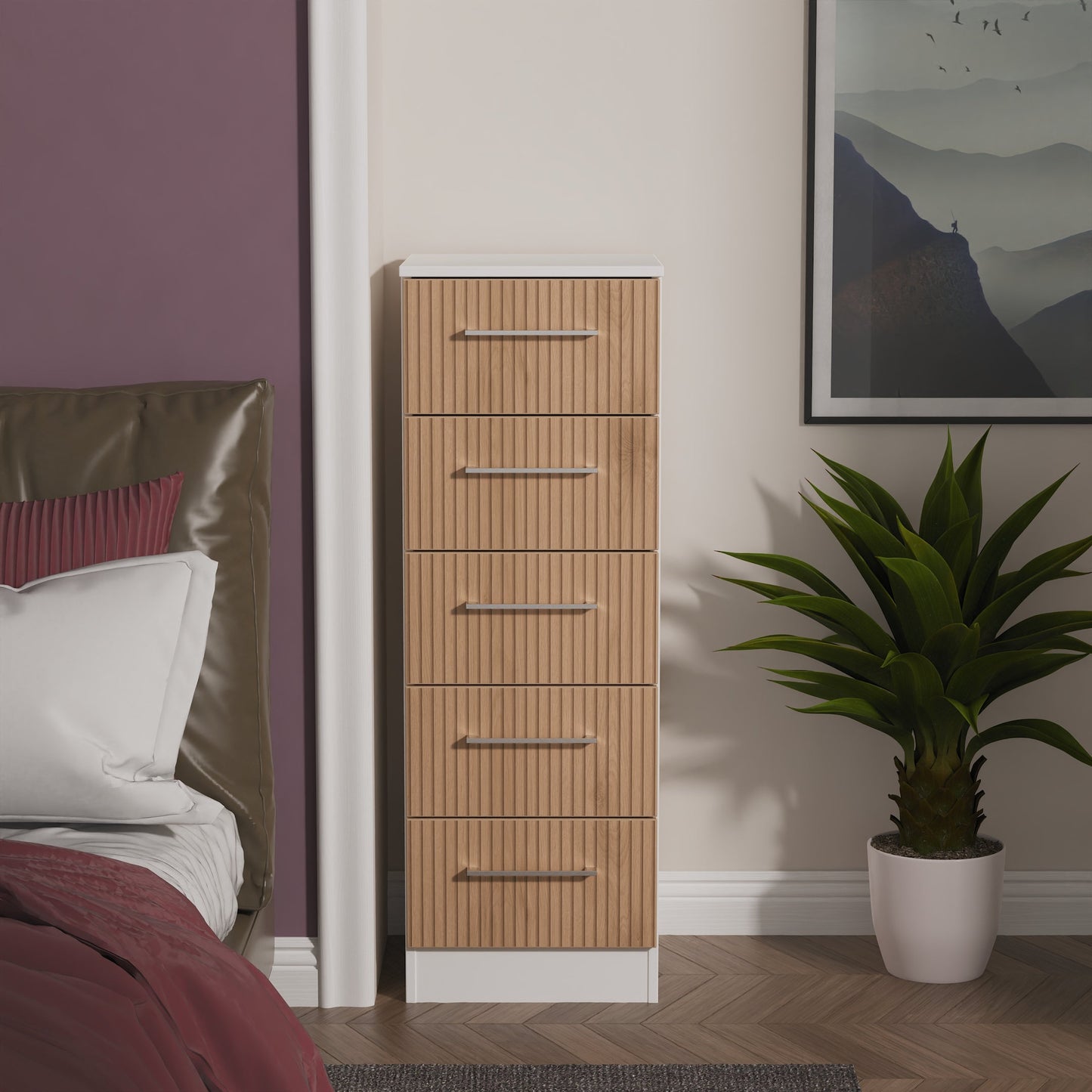 Worcester Tall Tallboy White & Light Oak 5 Drawers 37cm