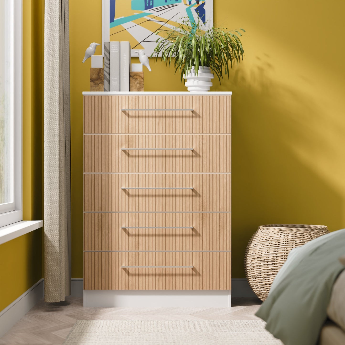 Worcester Tall Chest of Drawers White & Light Oak 5 Drawers 74cm