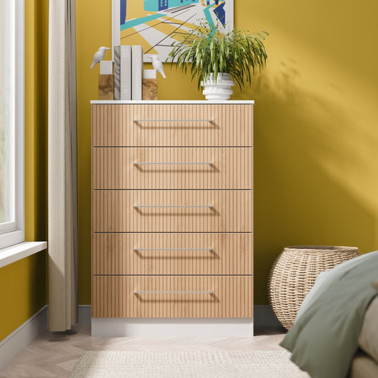 Worcester Tall Chest of Drawers White & Light Oak 5 Drawers 74cm