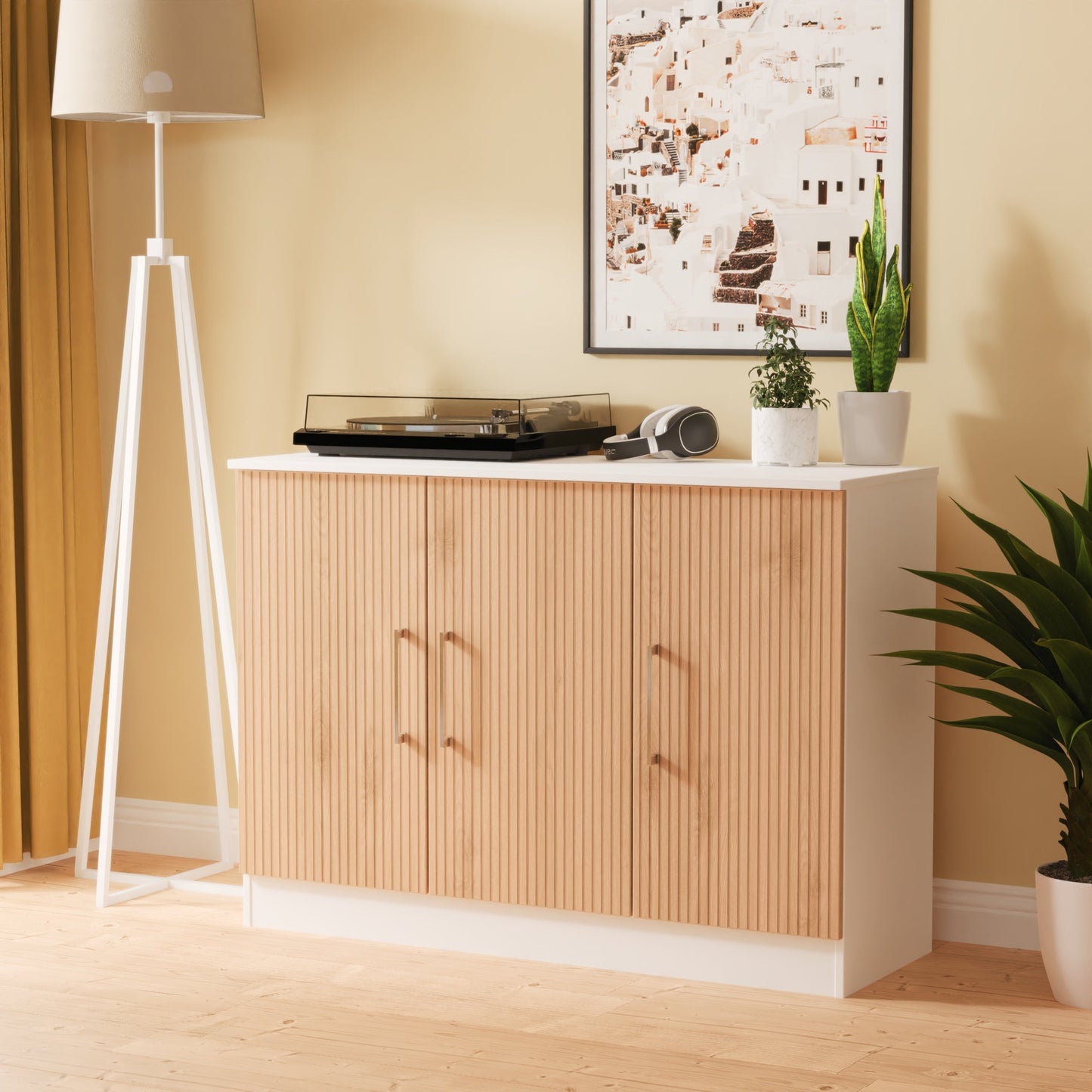 Worcester Large Sideboard White & Light Oak 3 Doors 1 Shelf 110cm