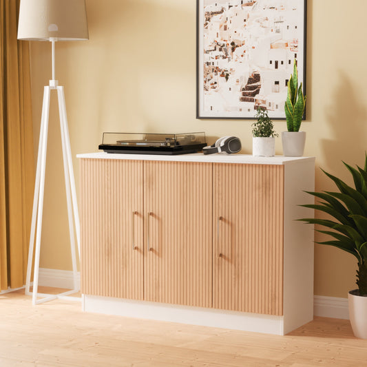 Worcester Large Sideboard White & Light Oak 3 Doors 1 Shelf 110cm