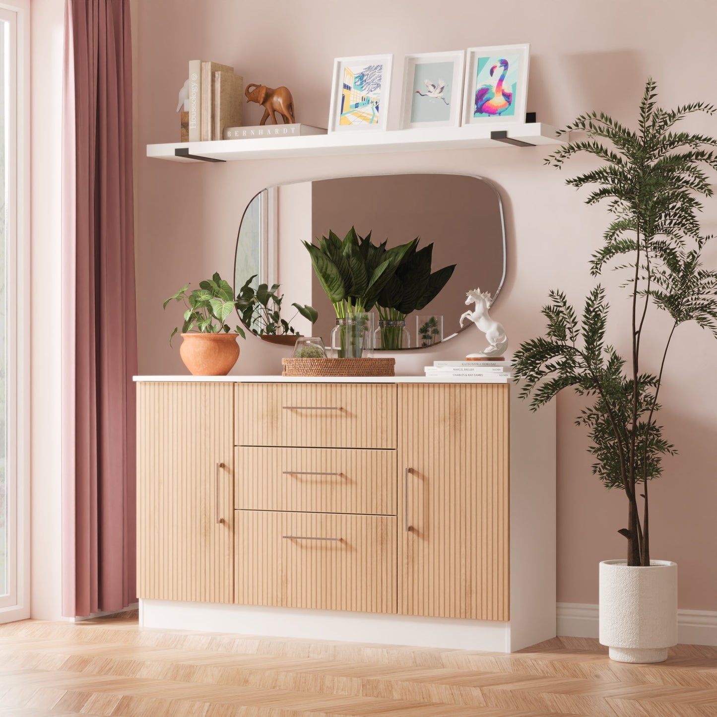 Worcester Large Sideboard White & Light Oak 2 Doors 2 Shelves 3 Drawers 126cm