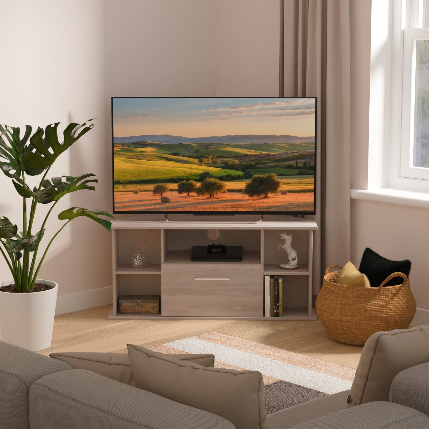 Worcester Corner Corner TV Unit Light Grey 5 Shelves 1 Drawer 110cm