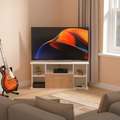 Worcester Corner Corner TV Unit White & Light Oak 5 Shelves 1 Drawer 110cm