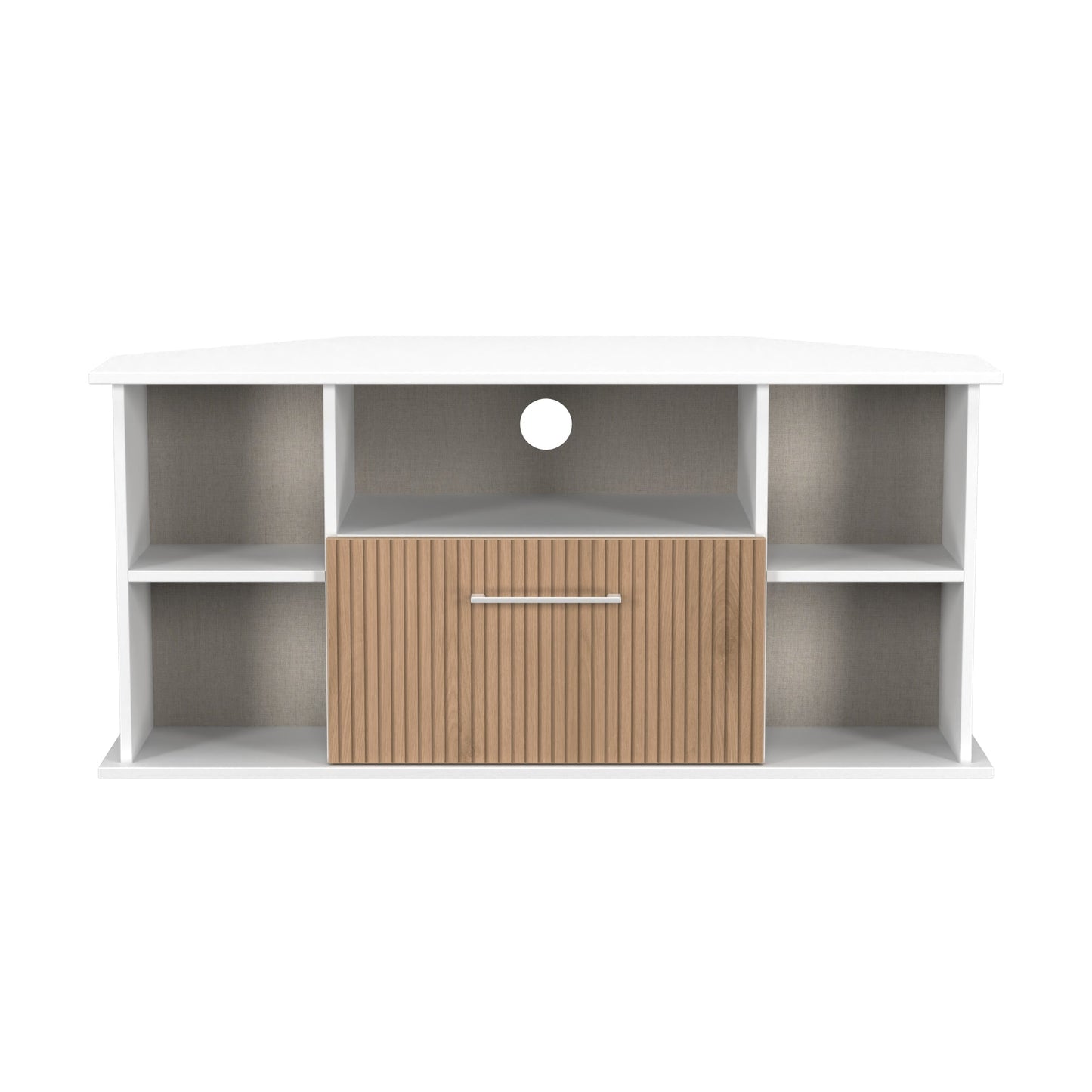 Worcester Corner Corner TV Unit White & Light Oak 5 Shelves 1 Drawer 110cm