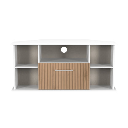 Worcester Corner Corner TV Unit White & Light Oak 5 Shelves 1 Drawer 110cm