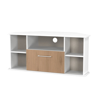 Worcester Corner Corner TV Unit White & Light Oak 5 Shelves 1 Drawer 110cm