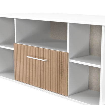 Worcester Corner Corner TV Unit White & Light Oak 5 Shelves 1 Drawer 110cm