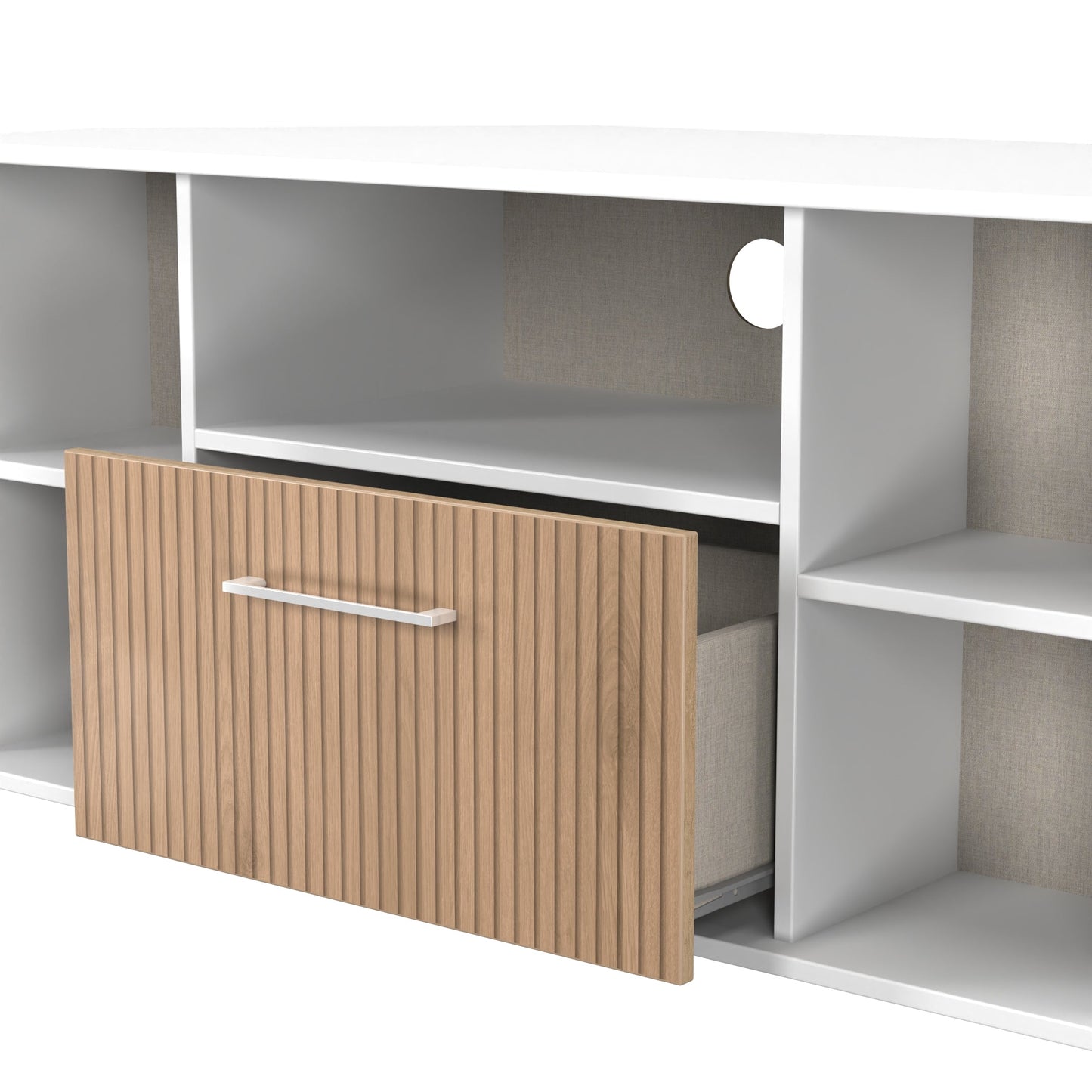 Worcester Corner Corner TV Unit White & Light Oak 5 Shelves 1 Drawer 110cm