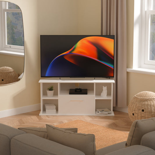 Worcester Corner Corner TV Unit White 5 Shelves 1 Drawer 110cm