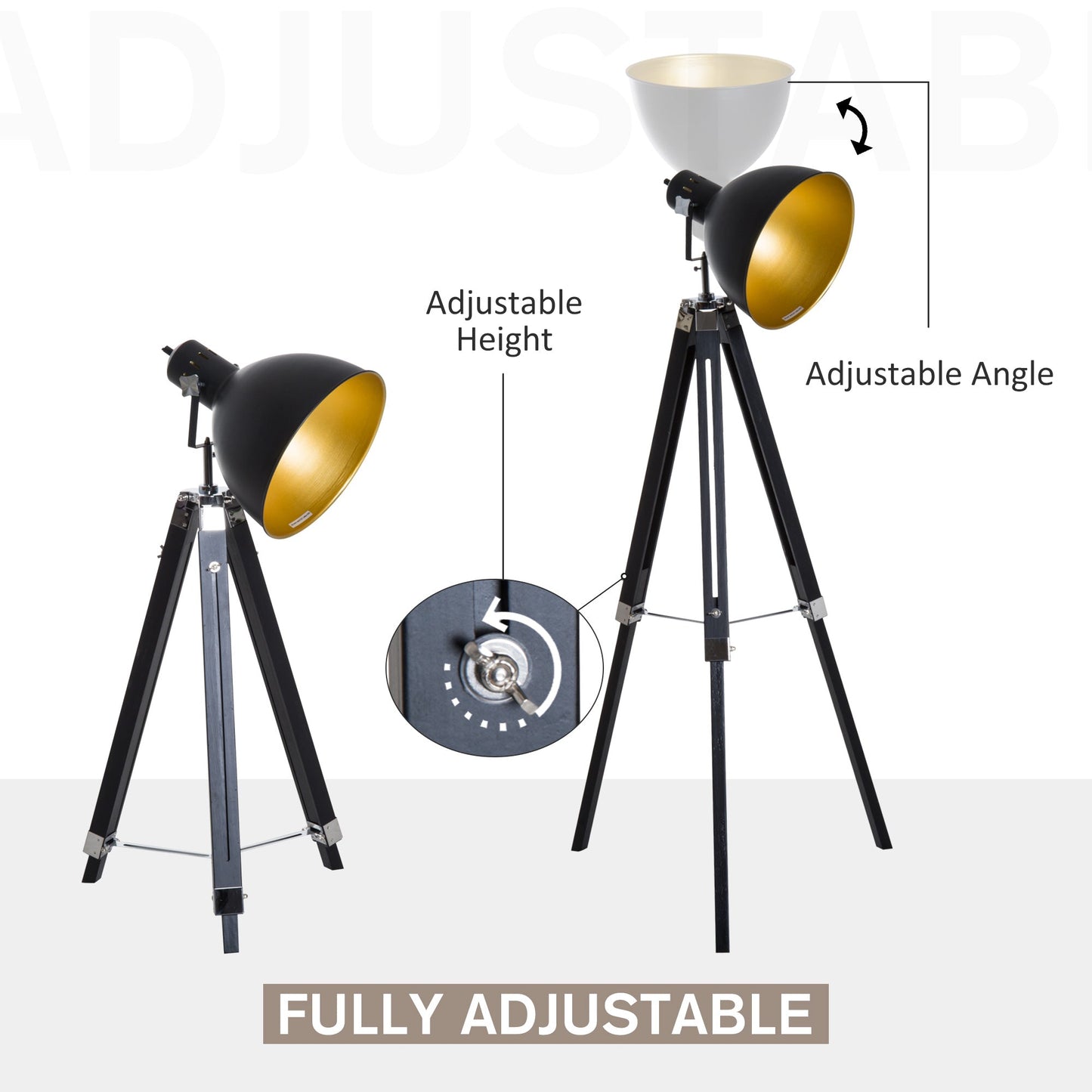 Industrial Floor Lamp for Living Room Tripod Spotlight Reading Lamp w/Wood Legs Metal Shade Adjustable Height Angle for Bedroom Home Office Black and Gold