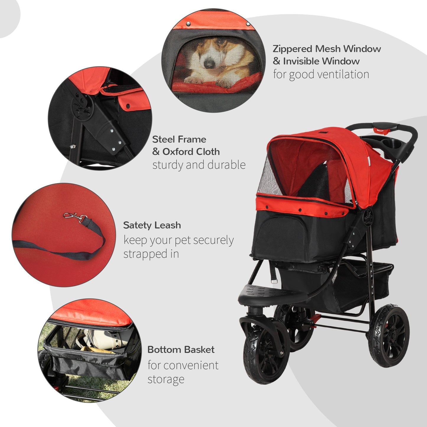 Pawhut Oxford Cloth Folding 3-Wheel Pet Stroller Dog Trolley Red/Black