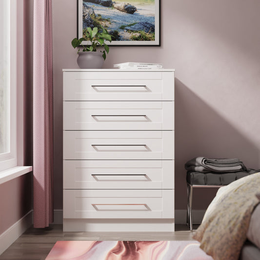 York Tall Chest of Drawers White 5 Drawers 74cm
