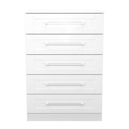York Tall Chest of Drawers White 5 Drawers 74cm