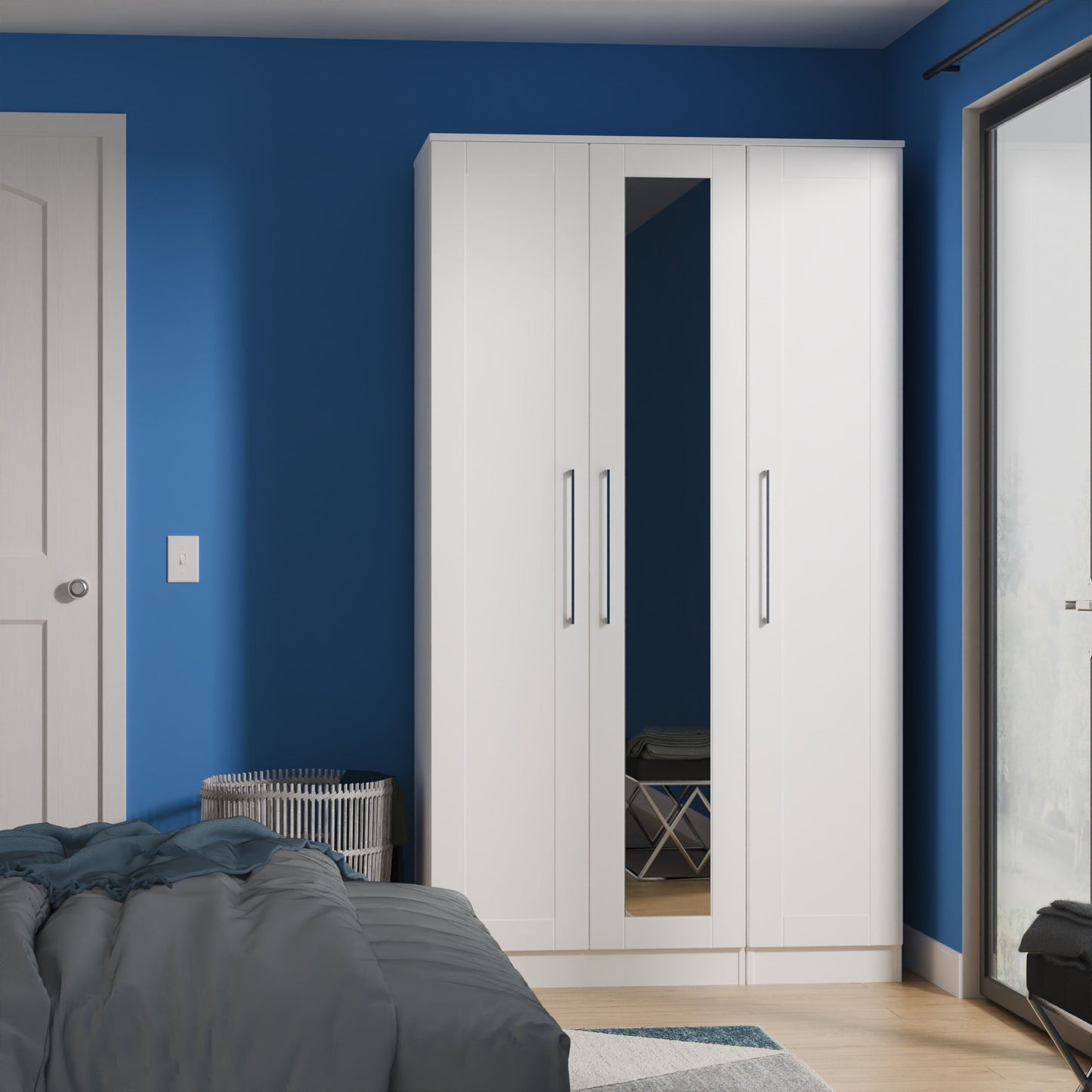 York Tall Mirror Wardrobe White 1 Shelf 111cm