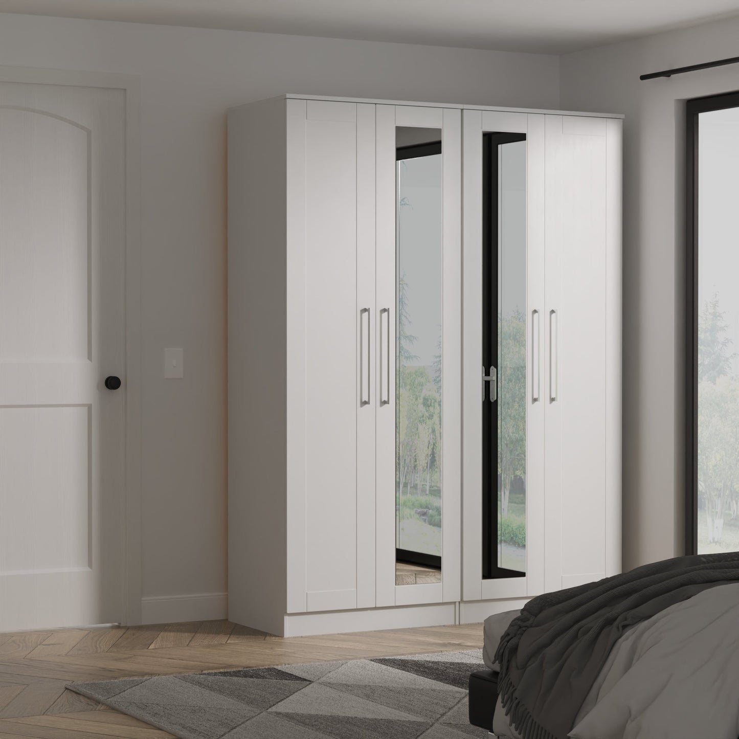 York Tall Mirror Wardrobe Grey 4 Doors 2 Shelves 148cm