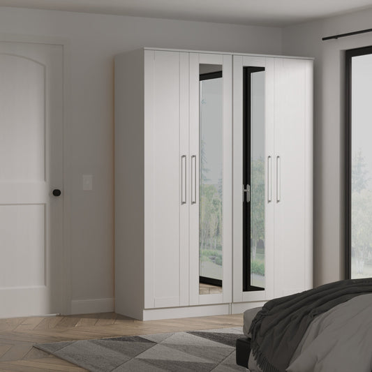 York Tall Mirror Wardrobe Grey 4 Doors 2 Shelves 148cm